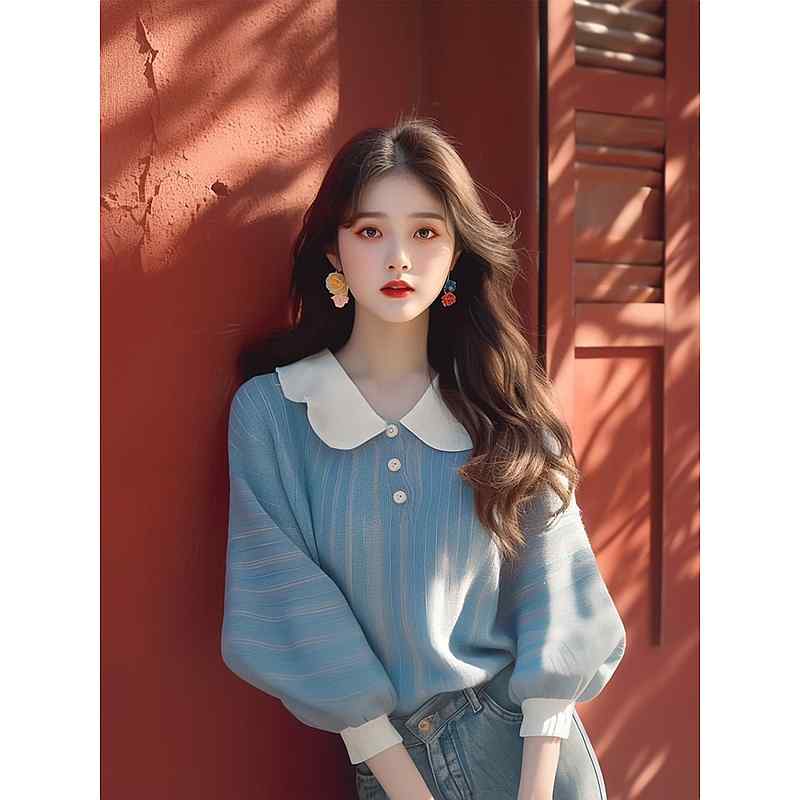 乐天商城 - レディース ファッション 服 オシャレ カワイイ シンプル 大人カワイイ 大きいサイズ 秋 セーター 韓国 スタイル フレンチ 着痩せ 青 ニット ポロ シャツ