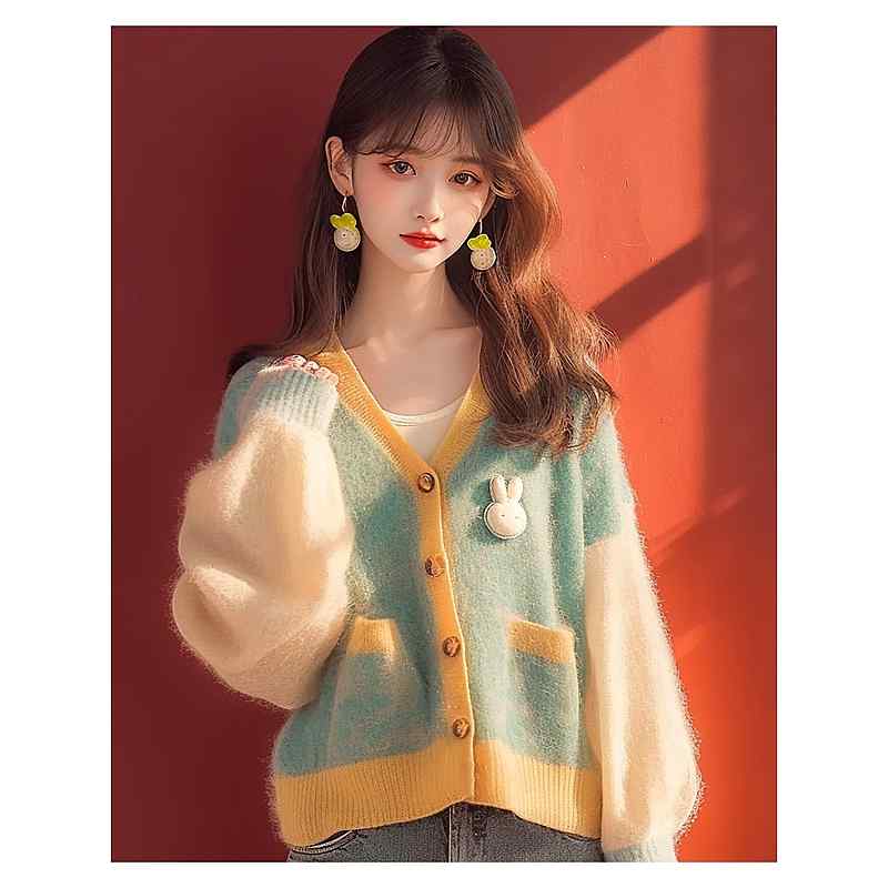レディース ファッション 服 オシャレ カワイイ シンプル 大人カワイイ 大きいサイズ セーター 韓国 スタイル 西洋 フレッシュ 緑 ニットカーディガン(4)