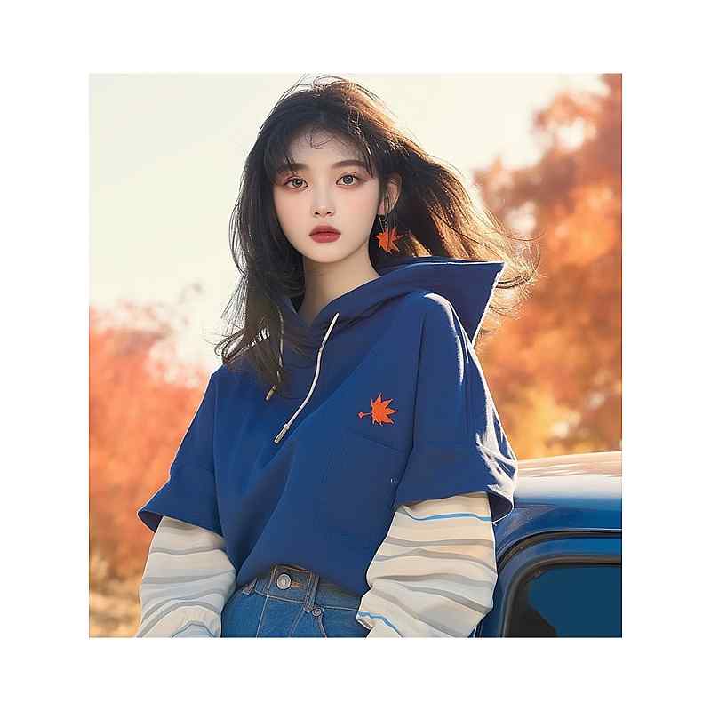 レディース ファッション 服 オシャレ カワイイ シンプル 大人カワイイ 大きいサイズ 秋 トップス 韓国 スタイル ブルー フェイク ツーピース 長袖 フード付き スウェット シャツ