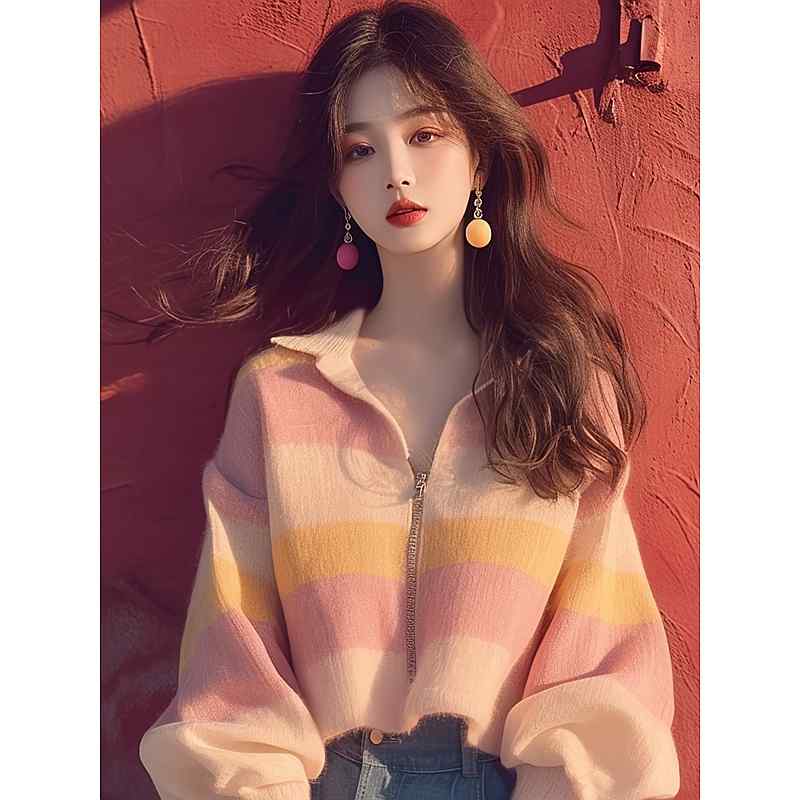 レディース ファッション 服 オシャレ カワイイ シンプル 大人カワイイ 大きいサイズ 秋 セーター ハイエンド 柔らかい ゆったり 韓国 スタイル ピンク ストライプ ニット トップス