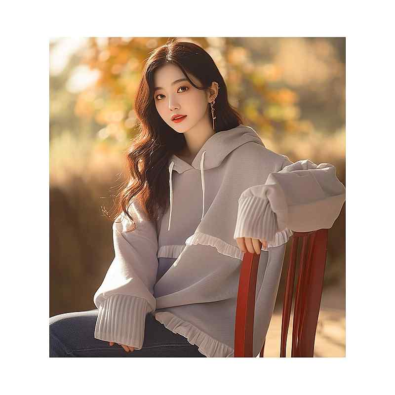 レディース ファッション 服 オシャレ カワイイ シンプル 大人カワイイ 大きいサイズ 秋 韓国 スタイル ゆったり スリム ハイエンド グレー フリル フード付き スウェット シャツ