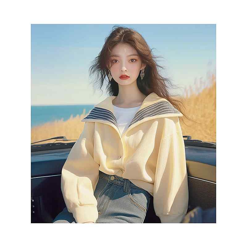 Other - レディース ファッション 服 オシャレ カワイイ シンプル 大人カワイイ 大きいサイズ 秋 トップス スリム イエロー ストライプ スウェット シャツ ジャケット