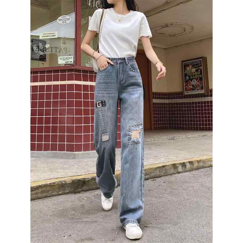 レディース ファッション 服 オシャレ カワイイ シンプル 大人カワイイ 大きいサイズ ワイド レッグ リップド ジーンズ ストレート 秋 ハイウエスト ロング パンツ(4)