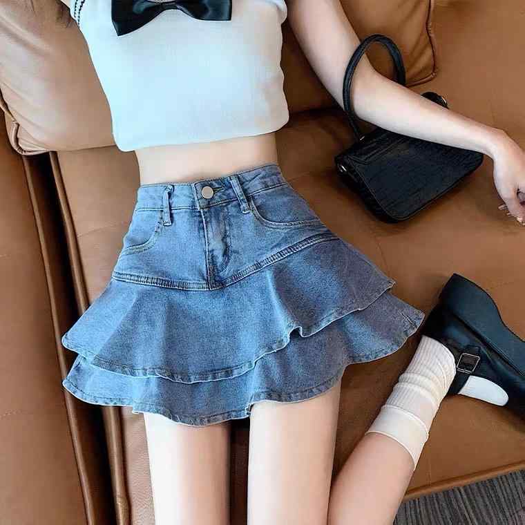 レディース ファッション 服 オシャレ カワイイ シンプル 大人カワイイ 大きいサイズ フリル デニム スカート 秋 ハイウエスト Aライン フィッシュ チュチュ スカート スリム カバー