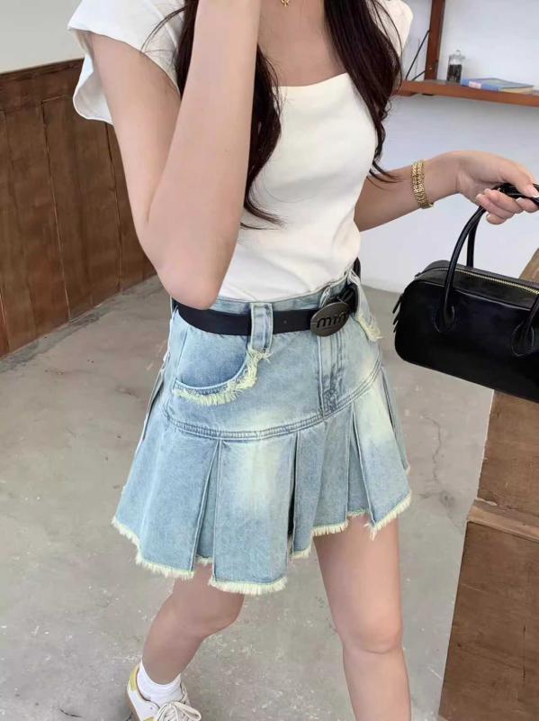 レディース ファッション 服 オシャレ カワイイ シンプル 大人カワイイ 大きいサイズ 秋 ハイウエスト デニム スカート スリム プリーツ Aライン スカート(4.0)