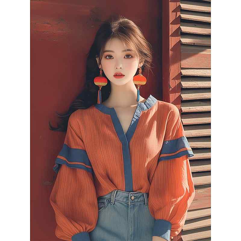レディース ファッション 服 オシャレ カワイイ シンプル 大人カワイイ 大きいサイズ 秋 トップス 韓国 スタイル オレンジ ランタン スリーブ シャツ