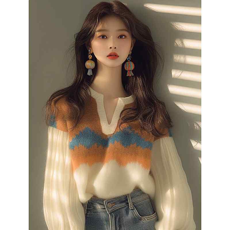 Long-Sleeved Knit - レディース ファッション 服 オシャレ カワイイ シンプル 大人カワイイ 大きいサイズ 秋 トップス シック ハイエンド ボヘミアン プリント ニット セーター