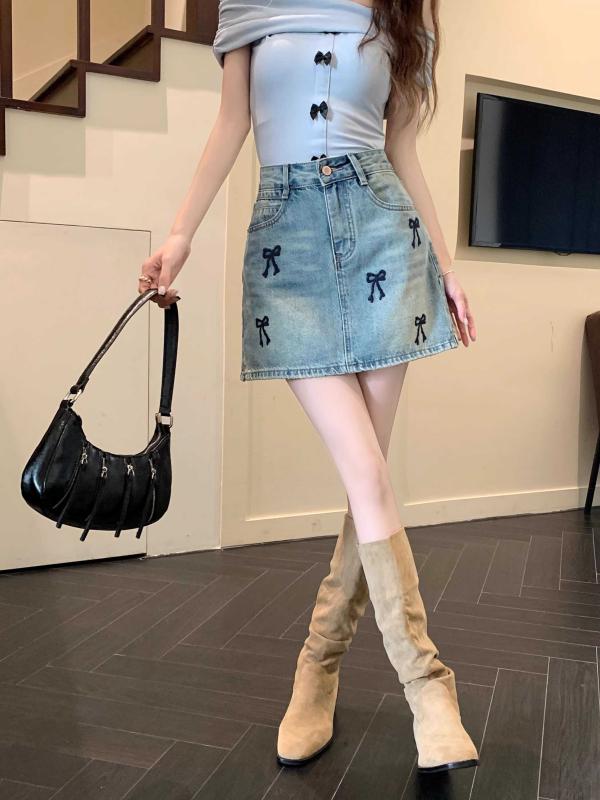 レディース ファッション 服 オシャレ カワイイ シンプル 大人カワイイ 大きいサイズ ガール リボン ウォッシュ デニム スカート 秋 ハイウエスト Aライン