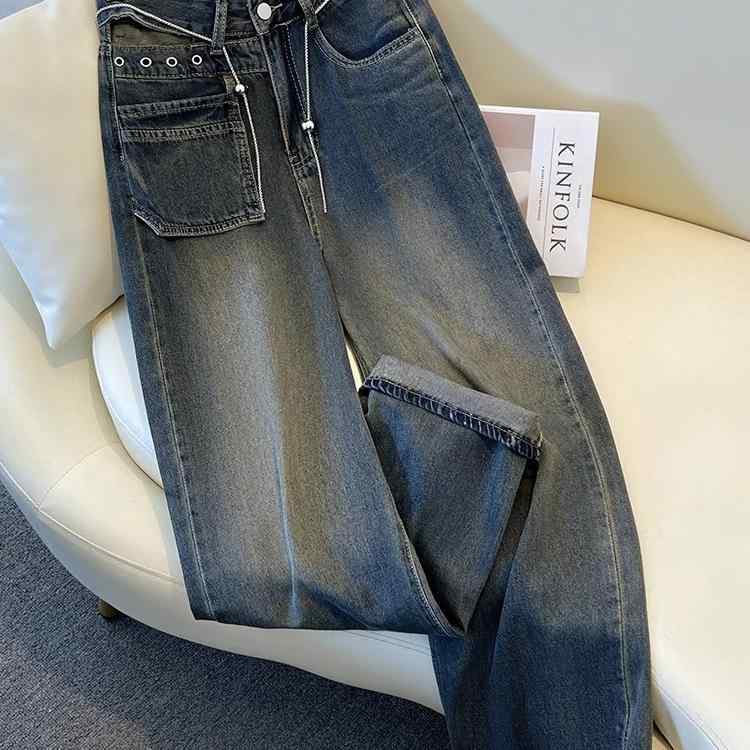 レディース ファッション 服 オシャレ カワイイ シンプル 大人カワイイ 大きいサイズ アメリカン リーキー ウエスト リッピング ワイド レッグ ジーンズ グレー ストレート パンツ