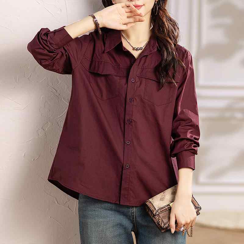 Long-Sleeved - レディース ファッション 服 オシャレ カワイイ シンプル 大人カワイイ 大きいサイズ 春 無地 長袖 シャツ スリム ポロ カラー カジュアル レイヤリング トップス