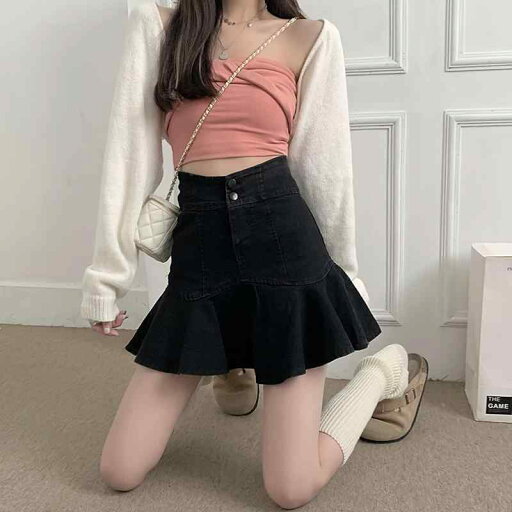レディース ファッション 服 オシャレ カワイイ シンプル 大人カワイイ 大きいサイズ フリル ブラック デニム スカート 春秋 ハイウエスト スリム Aライン キュロット レディース ファッション 服 オシャレ カワイイ シンプル 大人カワイイ 大きいサイズ フリル ブラック デニム スカート 春秋 ハイウエスト スリム Aライン キュロット