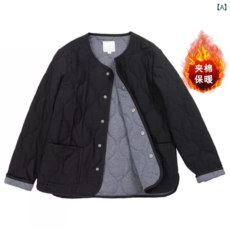 レディース ファッション 服 オシャレ カワイイ シンプル 大人カワイイ 大きいサイズ 秋冬 無地 キルティング 綿 パッド ジャケット ラウンドネック ダブル ポケット カジュアル 暖かい 薄手 コットンコート