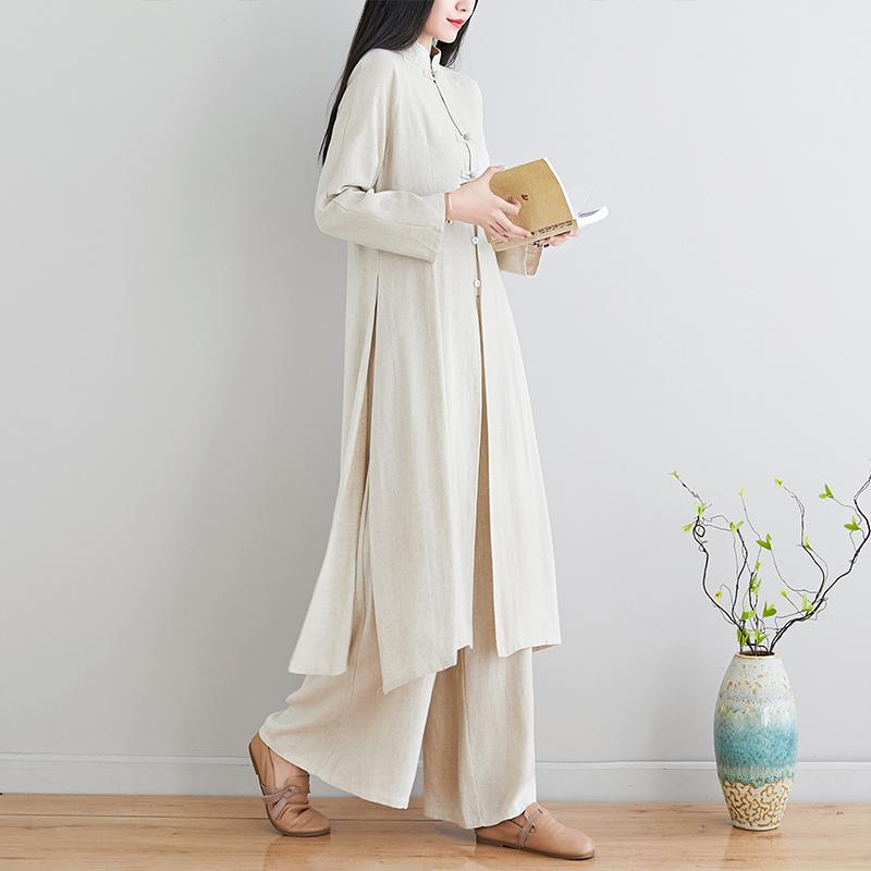 レディース ファッション 服 オシャレ カワイイ シンプル 大人カワイイ 大きいサイズ リネン スーツ スタンドカラー プレート ボタン ミドル丈 スリット トップス ワイド パンツ 素 綿麻 セット