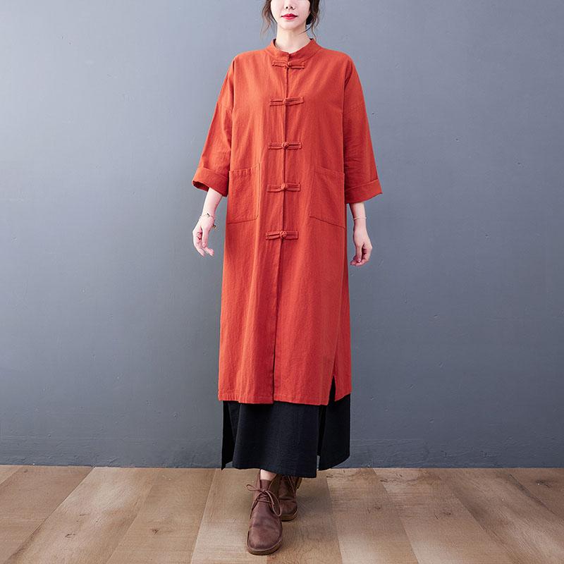 レディース ファッション 服 オシャレ カワイイ シンプル 大人カワイイ 大きいサイズ ディスク ボタン 無地 綿 リネン 長袖 ウインドブレーカー コート 秋 ダブル ポケット スタンドカラー ロングカーディガン