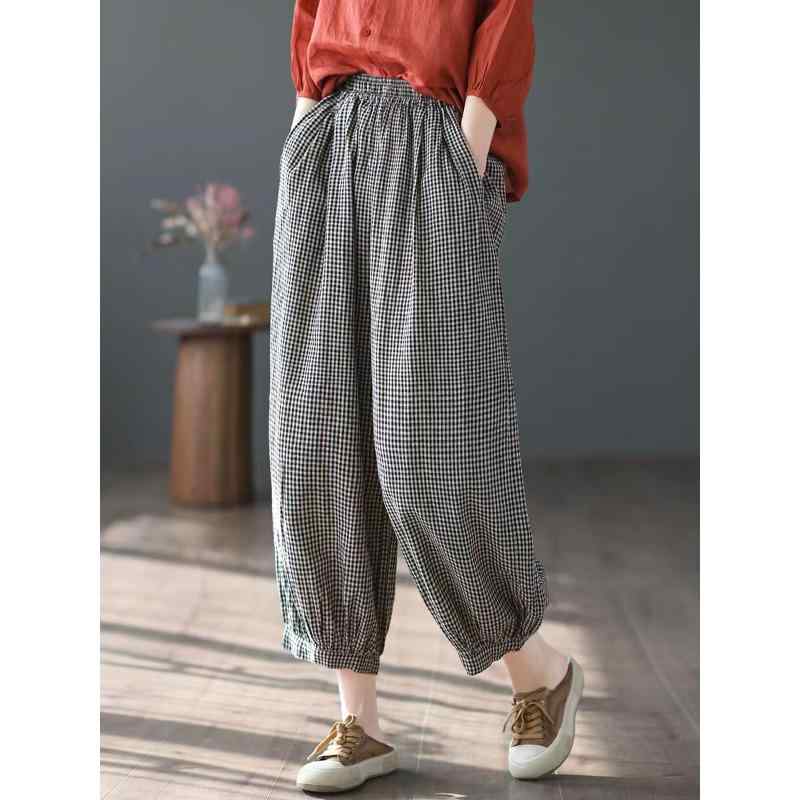 Capri Pants - レディース ファッション 服 オシャレ カワイイ シンプル 大人カワイイ 大きいサイズ チェック柄 綿 リネン パンツ 秋 ストレッチ ウエスト スリム カジュアル 九分丈 ランタン