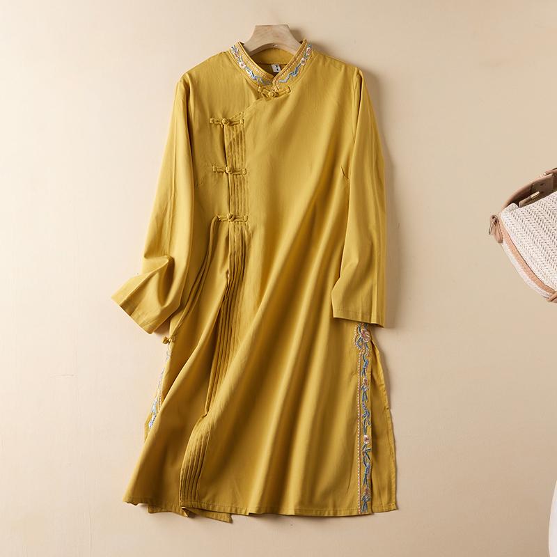 レディース ファッション 服 オシャレ カワイイ シンプル 大人カワイイ 大きいサイズ 綿 リネン 下部 スリット チャイナ ドレス アコーディオン プリーツ バックルミ ドル スカート 秋