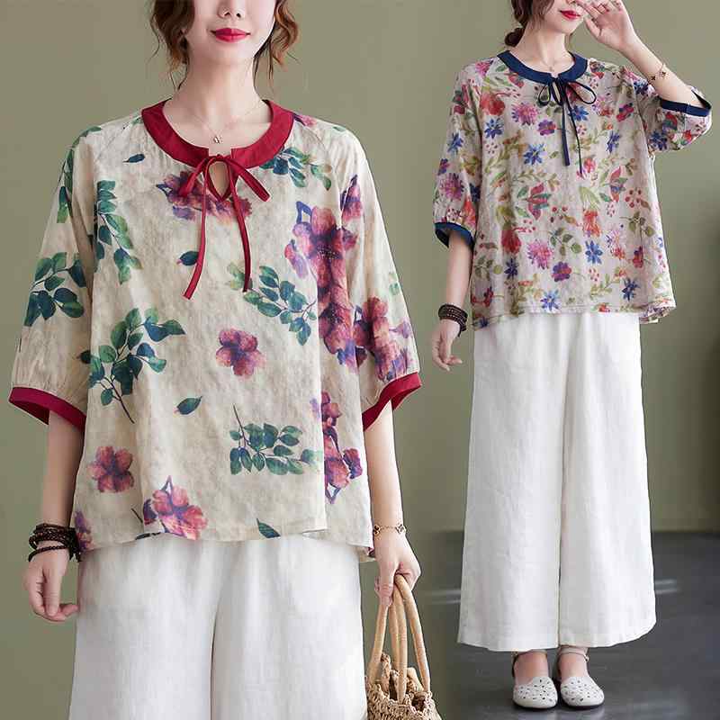 レディース ファッション 服 オシャレ カワイイ シンプル 大人カワイイ 大きいサイズ コットン リネン プリント T シャツ Vネック レースアップ 七分袖 花柄 トップス 秋