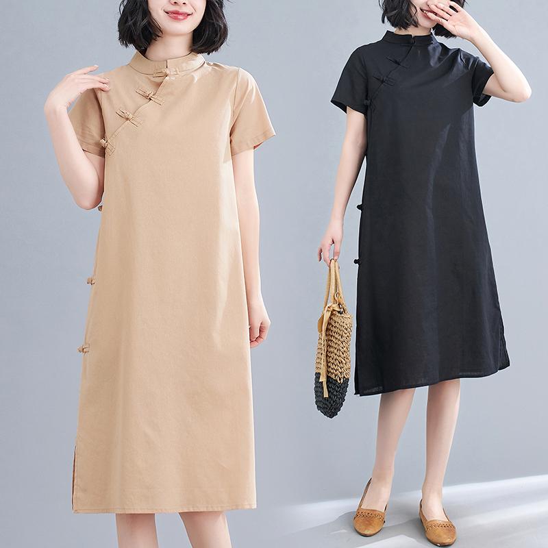 Other - レディース ファッション 服 オシャレ カワイイ シンプル 大人カワイイ 大きいサイズ ソリッドカラー コットン リネン ドレス スタンドカラー ディスク バックル チャイナ ヘム スリット ゆったり リネン Aライン スカート 秋
