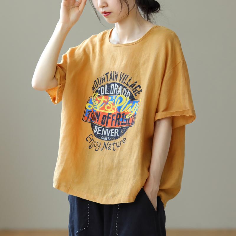 Print - レディース ファッション 服 オシャレ カワイイ シンプル 大人カワイイ 大きいサイズ オールド プリント コットン リネン T シャツ ラウンドネック 半袖 リネン カジュアル トップス