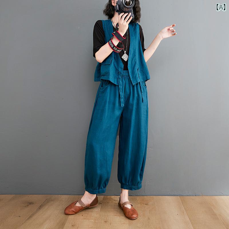 レディース ファッション 服 オシャレ カワイイ シンプル 大人カワイイ 大きいサイズ コットン リネン 無地 セット フラップ ポケット レースアップ ベスト 伸縮性 ストレッチ ストレッチ ウエスト 九分丈 パンツ リネン スーツ