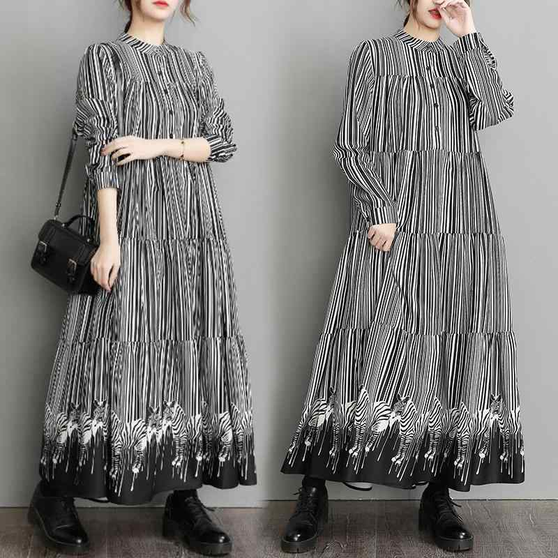 レディース ファッション 服 オシャレ カワイイ シンプル 大人カワイイ 大きいサイズ ストライプ ドレス 長袖 スタンドカラー ボタン ゆったり ロング Aライン スカート