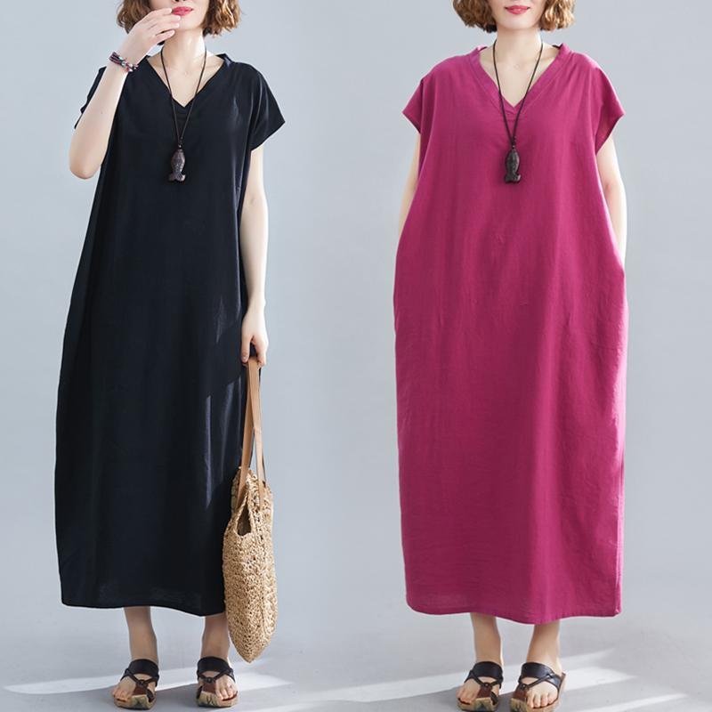 レディース ファッション 服 オシャレ カワイイ シンプル 大人カワイイ 大きいサイズ ソリッドカラー ウォッシュド コットン リネン 半袖 Vネック ドレス ミドル丈 ローブ(4)