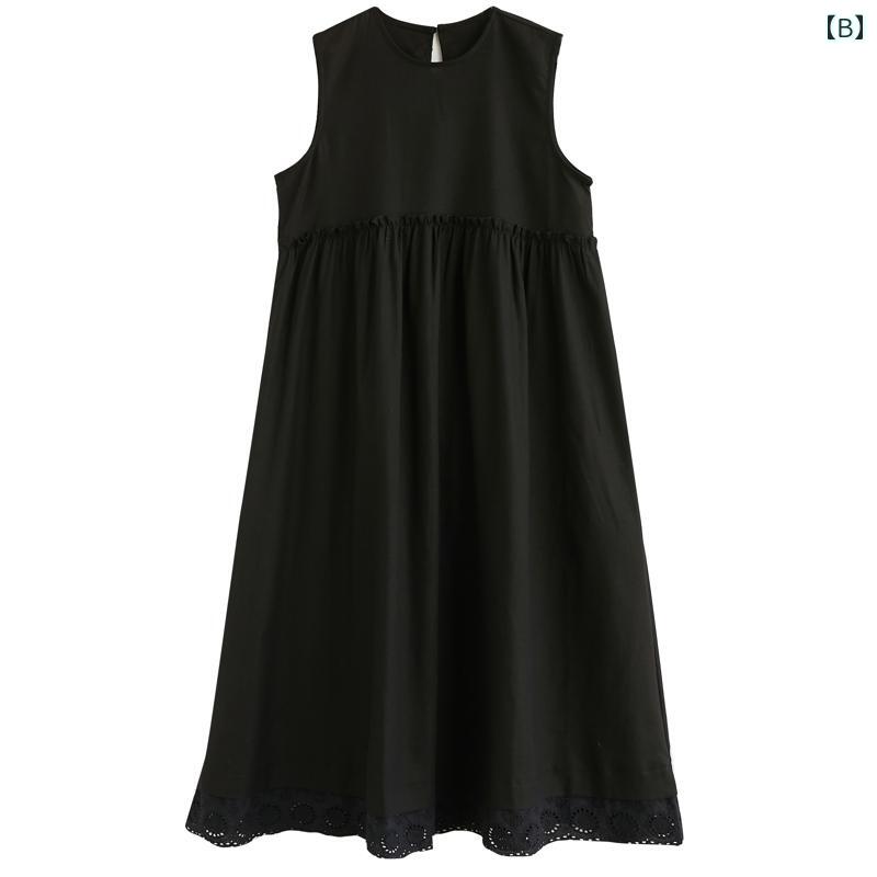 レディース ファッション 服 オシャレ カワイイ シンプル 大人カワイイ 大きいサイズ レース ベスト スカート ミドル丈 裾 フック ステッチ 1 ボタン 綿 リネン ノースリーブ ドレス 秋