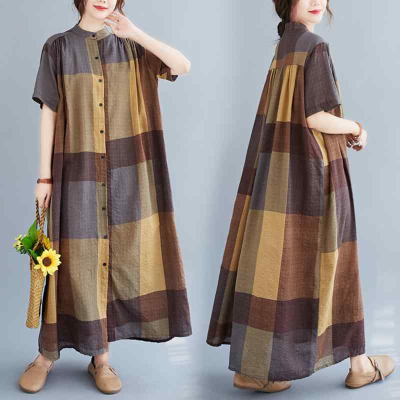 レディース ファッション 服 オシャレ カワイイ シンプル 大人カワイイ 大きいサイズ カラー ブロック チェック柄 テンセル コットンドレス 半袖 ボタン スタンドカラー ロング シャツ スカート 秋