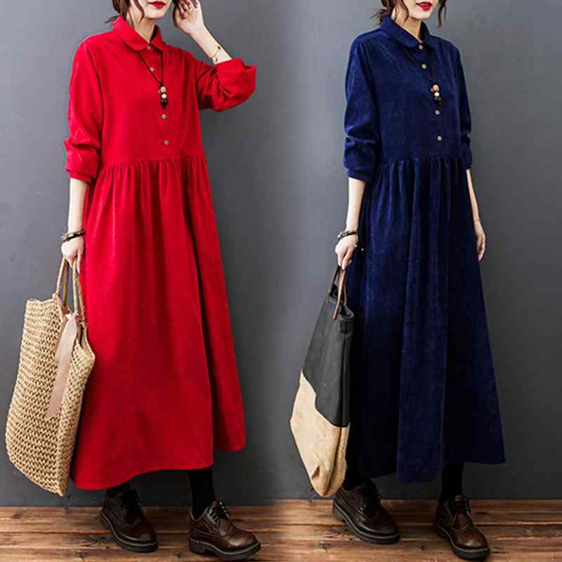 Rakuten - レディース ファッション 服 オシャレ カワイイ シンプル 大人カワイイ 大きいサイズ ハイウエスト ソリッド コーデュロイ ドレス 春秋 長袖 ボタン ロング Aライン スカート