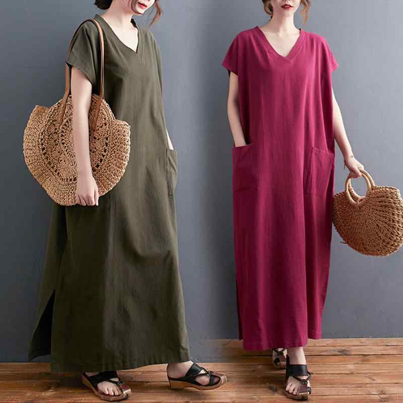 乐天商城 - レディース ファッション 服 オシャレ カワイイ シンプル 大人カワイイ 大きいサイズ ダブル ポケット ソリッドカラー コットン リネン ドレス 半袖 Vネック サイドスリット ロング リネン Aライン スカート