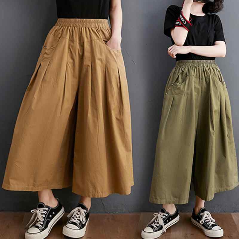 Rakuten - レディース ファッション 服 オシャレ カワイイ シンプル 大人カワイイ 大きいサイズ ソリッドカラー プリーツ ワイド レッグ パンツ ストレッチ ウエスト カジュアル ヒップ 厚手 九分丈 スカート 秋