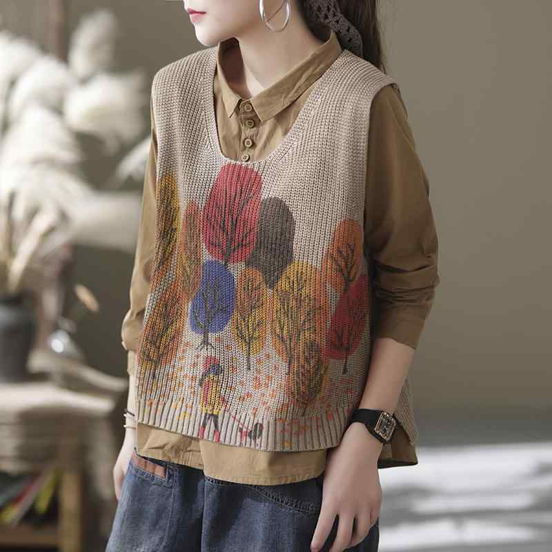 レディース ファッション 服 オシャレ カワイイ シンプル 大人カワイイ 大きいサイズ 秋 プリント セーター ベスト ゆったり 快適 Vネック サイドスリット ノースリーブ キャミソール