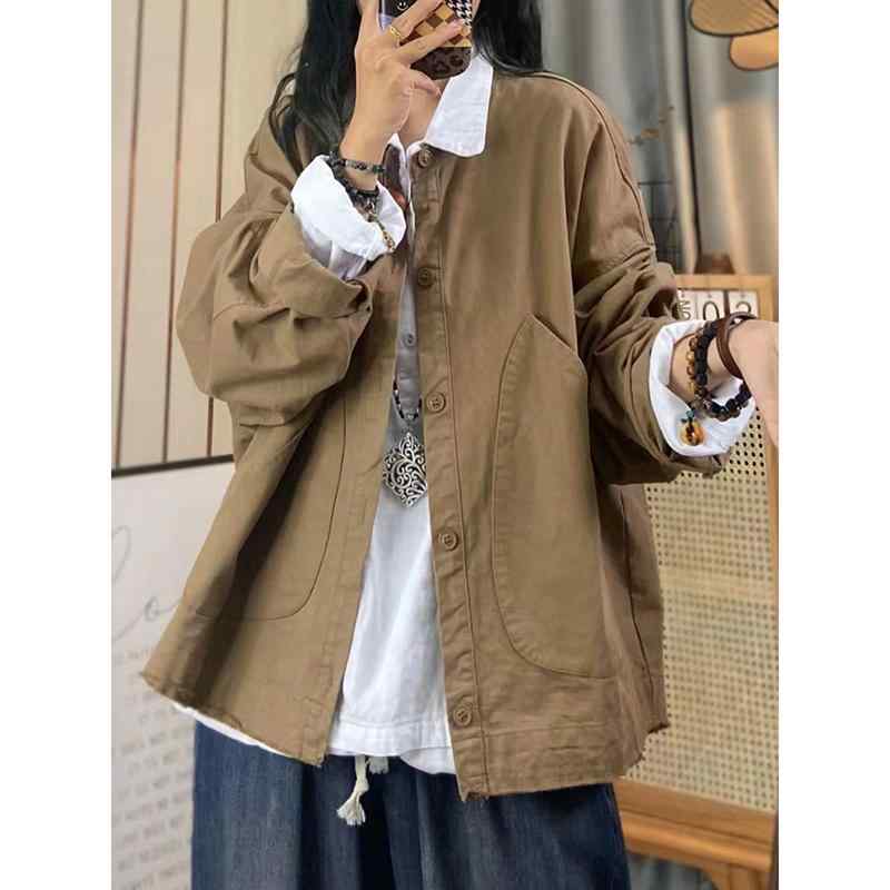 Wears For Collectors - レディース ファッション 服 オシャレ カワイイ シンプル 大人カワイイ 大きいサイズ ビッグ ポケット ツイル コットン カジュアル コート ソリッドカラー スタンドカラー 長袖 カーディガン トップス 秋