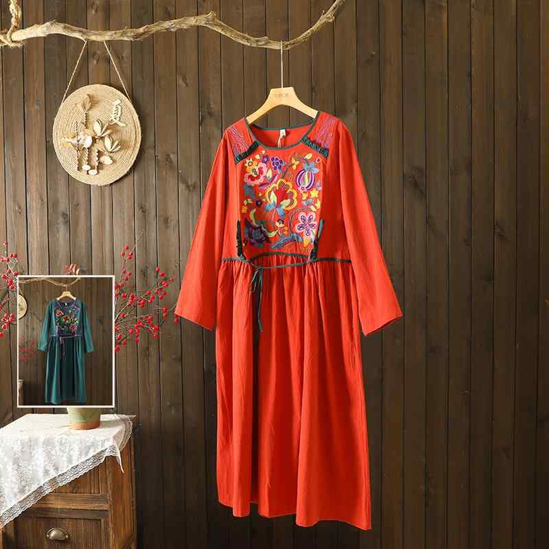 レディース ファッション 服 オシャレ カワイイ シンプル 大人カワイイ 大きいサイズ コットン リネン ウエスト レースアップ ドレス 裾 ステッチ ラウンドネック 長袖 スカート