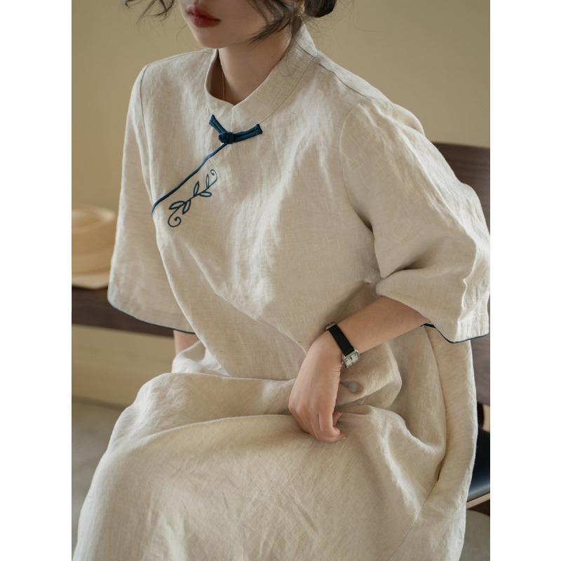 レディース ファッション 服 オシャレ カワイイ シンプル 大人カワイイ 大きいサイズ ディスク ボタン チャイナ ドレス スタンドカラー ミドル丈 コットン リネン
