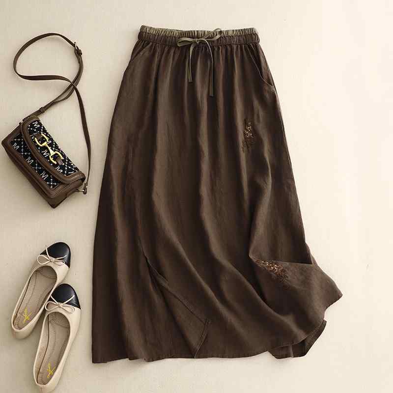 レディース ファッション 服 オシャレ カワイイ シンプル 大人カワイイ 大きいサイズ コットン リネン スカート カラー ブロック ハイウエスト ストラップ サイドスリット リネン Aライン
