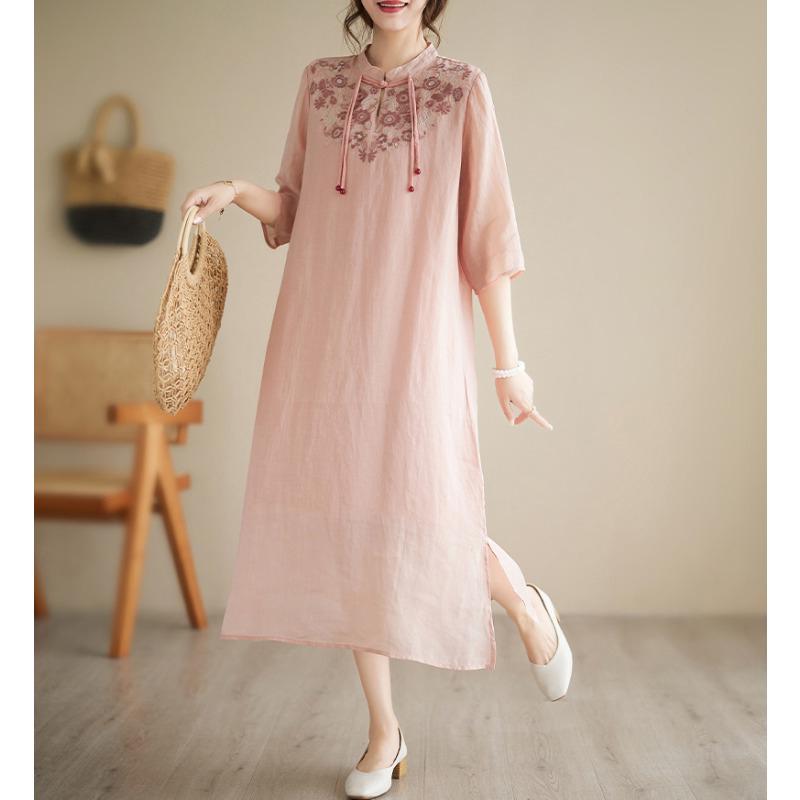 レディース ファッション 服 オシャレ カワイイ シンプル 大人カワイイ 大きいサイズ ディスク バックル コットン リネン ドレス 秋 スタンドカラー スリム スリット チャイナ スカート