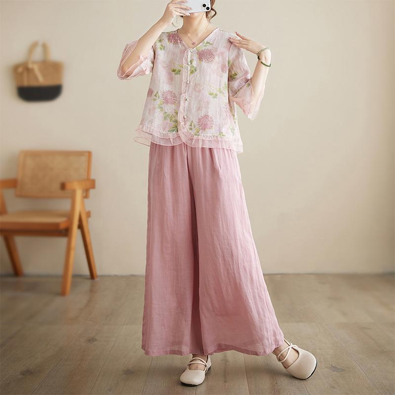 レディース ファッション 服 オシャレ カワイイ シンプル 大人カワイイ 大きいサイズ 西洋 秋 セット 花柄 シャツ カジュアル ワイド レッグ パンツ スーツ