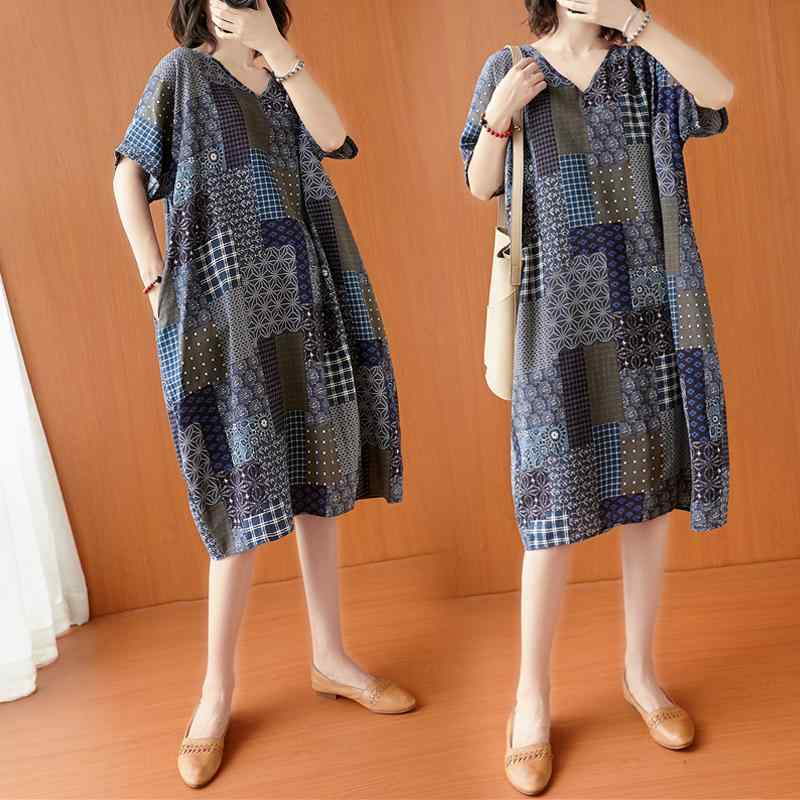 レディース ファッション 服 オシャレ カワイイ シンプル 大人カワイイ 大きいサイズ プリント チェック柄 コットン リネン ドレス 半袖 Vネック ミドル丈 リネン T シャツ スカート 秋
