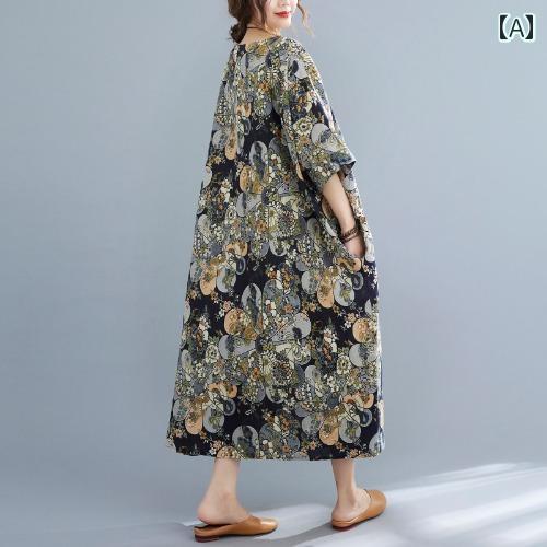 レディース ファッション 服 オシャレ カワイイ シンプル 大人カワイイ 大きいサイズ コットン リネン プリント ドレス ラウンドネック ローブ ロング リネン Aライン スカート