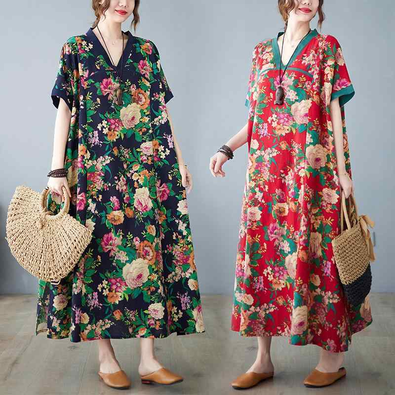 レディース ファッション 服 オシャレ カワイイ シンプル 大人カワイイ 大きいサイズ エスニック プリント コットン リネン ドレス Vネック カラー ブロック スリーブ ローブ リネン ロング スカート
