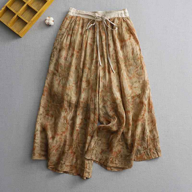 Linen, Hemp - レディース ファッション 服 オシャレ カワイイ シンプル 大人カワイイ 大きいサイズ ラミー プリント ワイド レッグ パンツ ハイエンド カラー ストレッチ ウエスト カジュアル リネン 九分丈