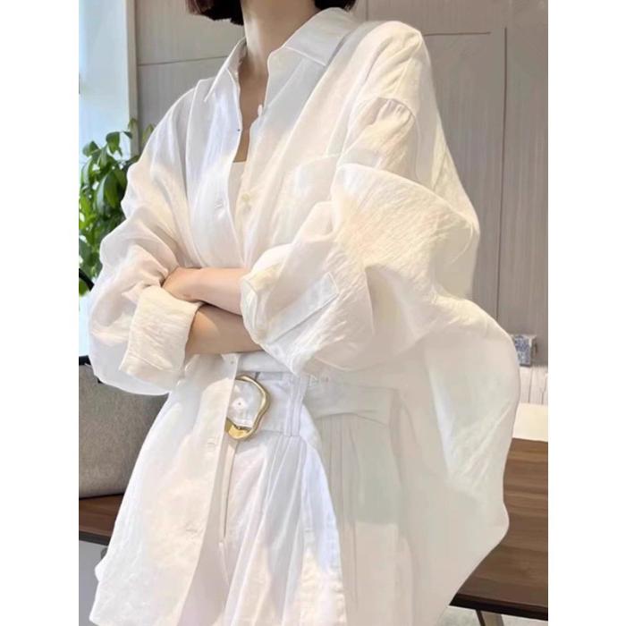 レディース ファッション 服 オシャレ カワイイ シンプル 大人カワイイ 大きいサイズ ソリッドカラー ポケット 白 ミドル丈 シャツ アウターウェア イレギュラー 日焼け防止(4)