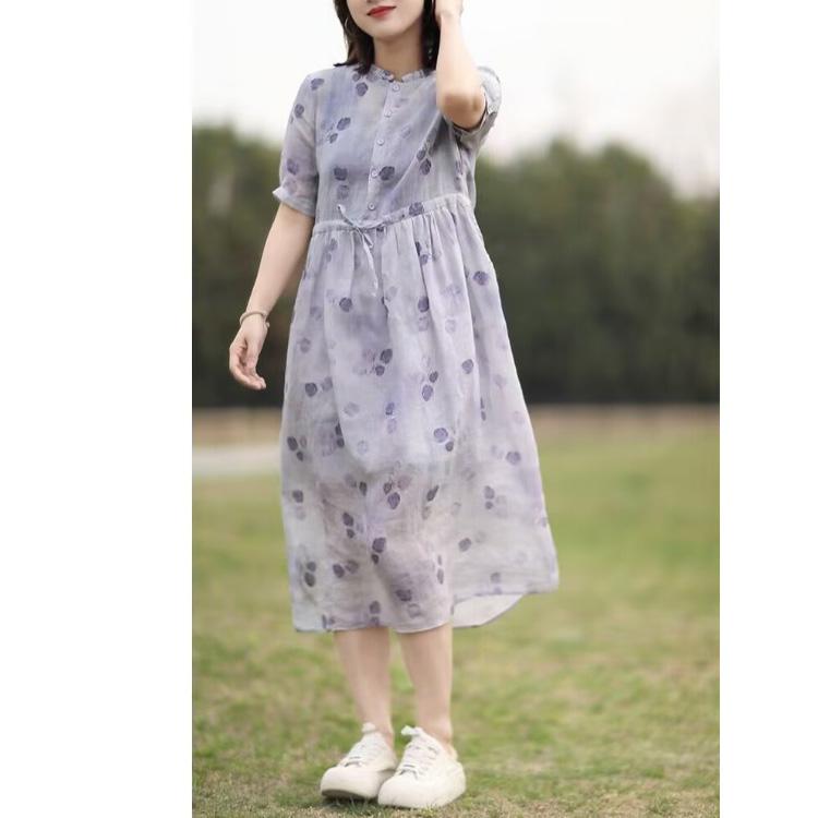 Other - レディース ファッション 服 オシャレ カワイイ シンプル 大人カワイイ 大きいサイズ フレンチ プリント ラミー 半袖 ドレス 秋 ゆったり 襟 レースアップ ウエスト スリム ミドル丈 スカート