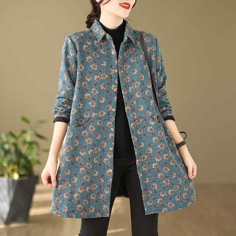 レディース ファッション 服 オシャレ カワイイ シンプル 大人カワイイ 大きいサイズ 秋冬 花柄 ベルベット 厚手 シャツ ジャケット ポロ カラー ミドル丈 カーディガン