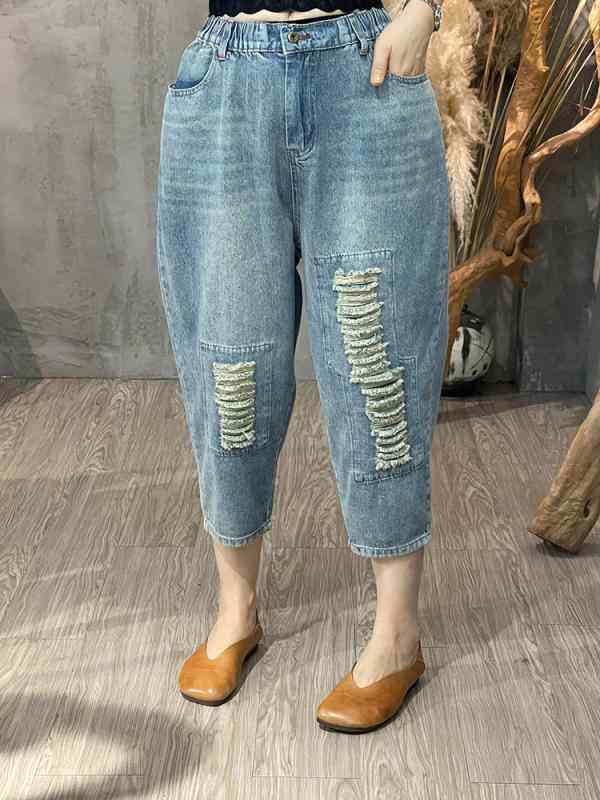 レディース ファッション 服 オシャレ カワイイ シンプル 大人カワイイ 大きいサイズ ダメージ ウォッシュ ジーンズ 秋 薄手 ハイウエスト リップド パンツ 七分丈