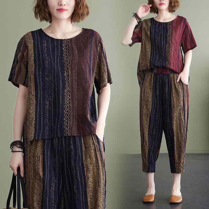 レディース ファッション 服 オシャレ カワイイ シンプル 大人カワイイ 大きいサイズ コットン リネン カラーマッチング プリント スーツ 半袖 T シャツ ストレッチ ウエスト カジュアル パンツ セット