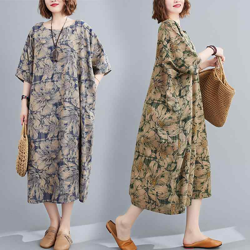 レディース ファッション 服 オシャレ カワイイ シンプル 大人カワイイ 大きいサイズ 牡丹 フラワープリント ドレス 半袖 ラウンドネック ロング ローブ 秋