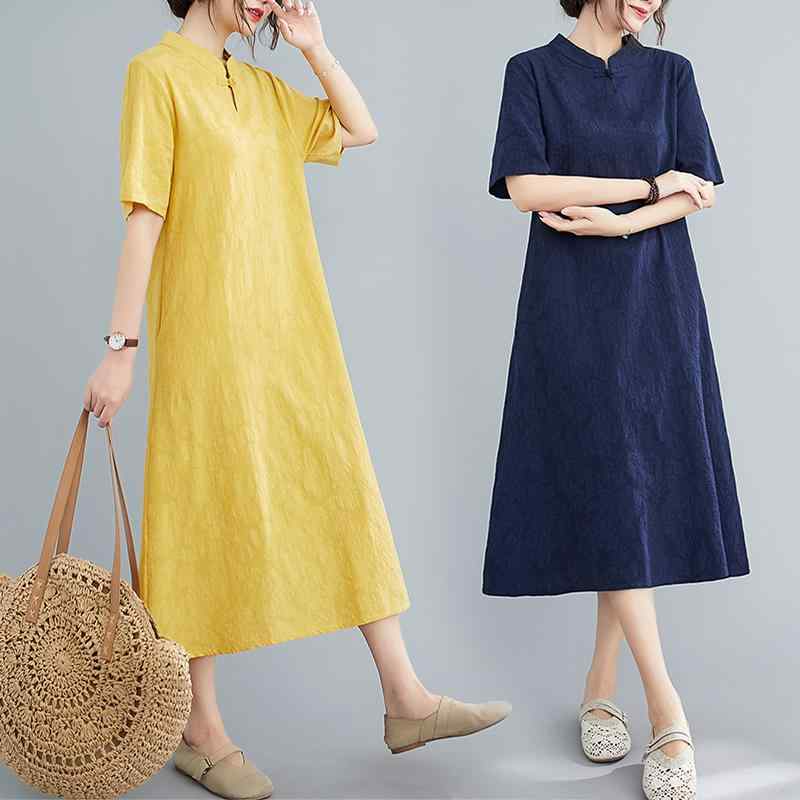 レディース ファッション 服 オシャレ カワイイ シンプル 大人カワイイ 大きいサイズ ソリッドカラー コットン リネン ジャカード ドレス ボタン スタンドカラー チャイナ ゆったり リネン 半袖 Aライン スカート