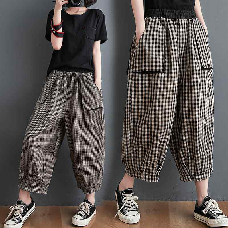 Linen, Hemp - レディース ファッション 服 オシャレ カワイイ シンプル 大人カワイイ 大きいサイズ コットン リネン チェック柄 ランタン パンツ ストレッチ ウエスト カジュアル リネン ワイド レッグ クロップド パンツ